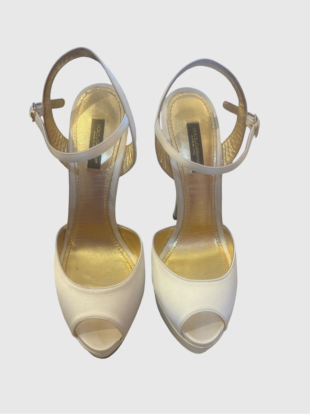 Dolce & Gabbana Ivory Satin Platform Peep-Toe Sandals with Ankle Strap